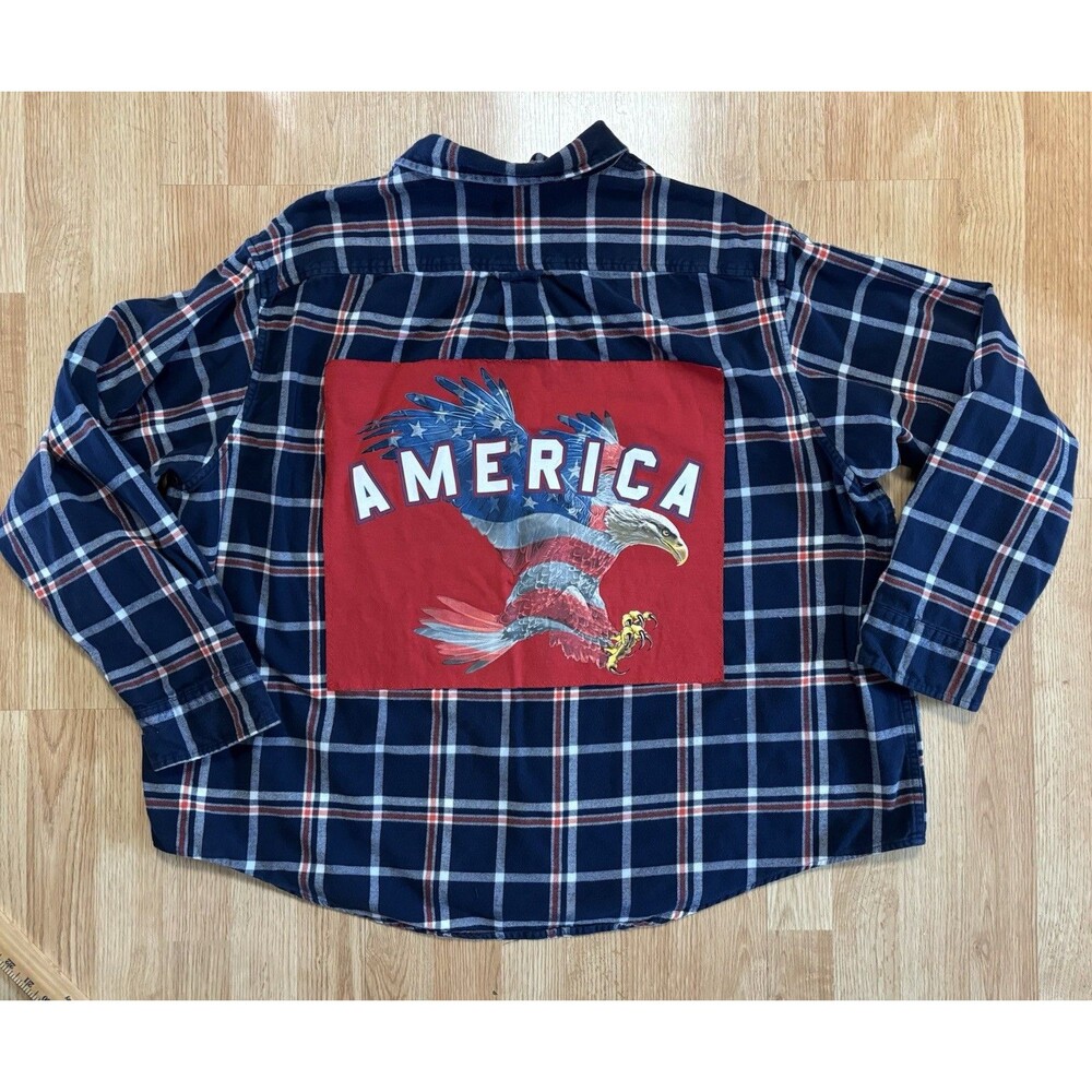 Patriotic American Eagle Upcycled Flannel Button Up Shirt Size 3XL Red White Blu